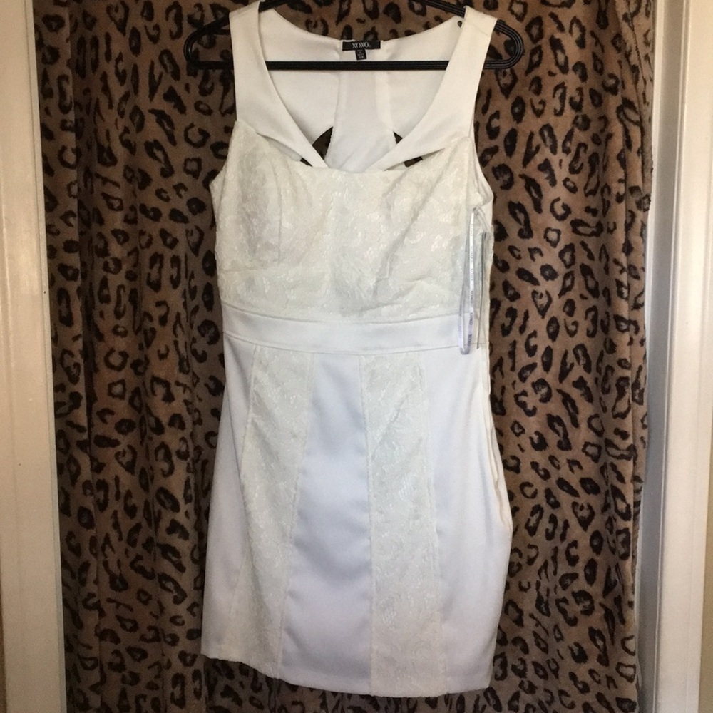 Great dress for a party! Cream satin w/lace detail